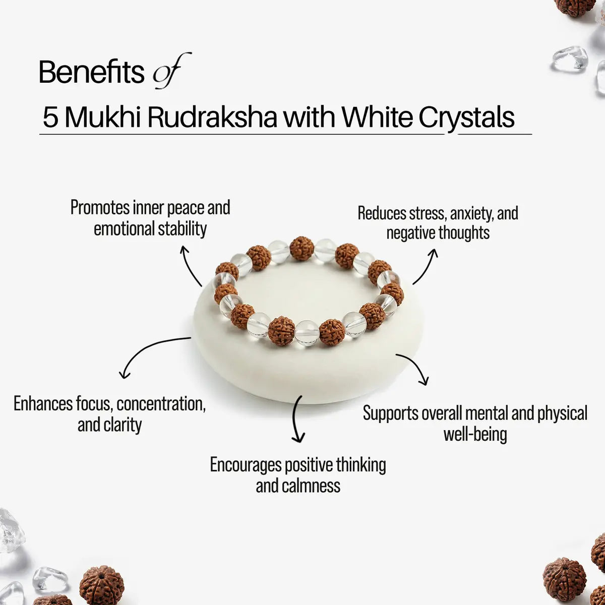 5 Mukhi Rudraksha Bracelet with White Crystals